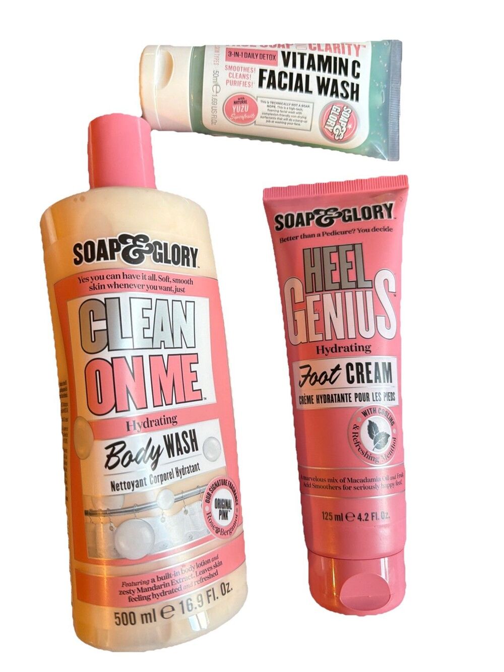 Soap&Glory Clean On Me Body Wash/Heel Genius Foot Cream/Face Soap And Clarity